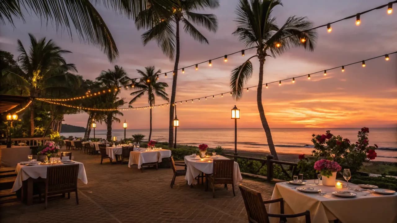 Beachside restaurant dining in Jaco Costa Rica at sunset